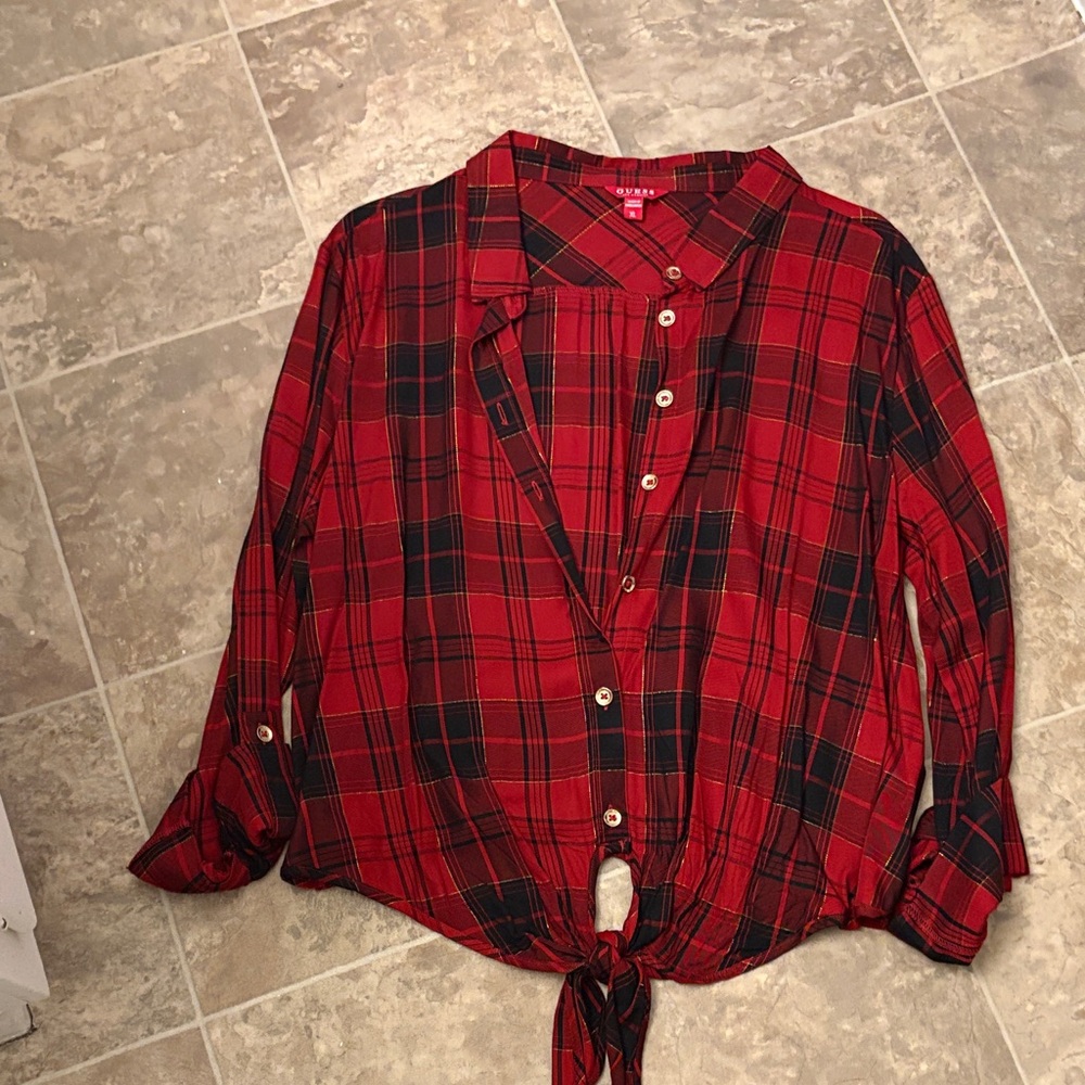Guess Red and Black Plaid Button-Up Shirt